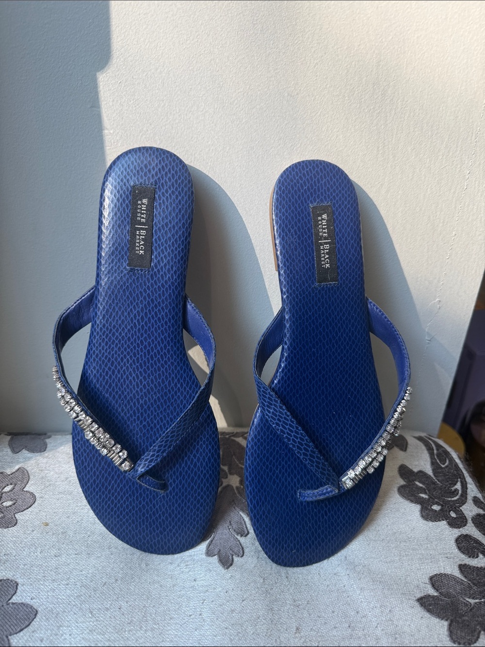 White House Black Market Royal Blue Rhinestone Toe-Post Sandals